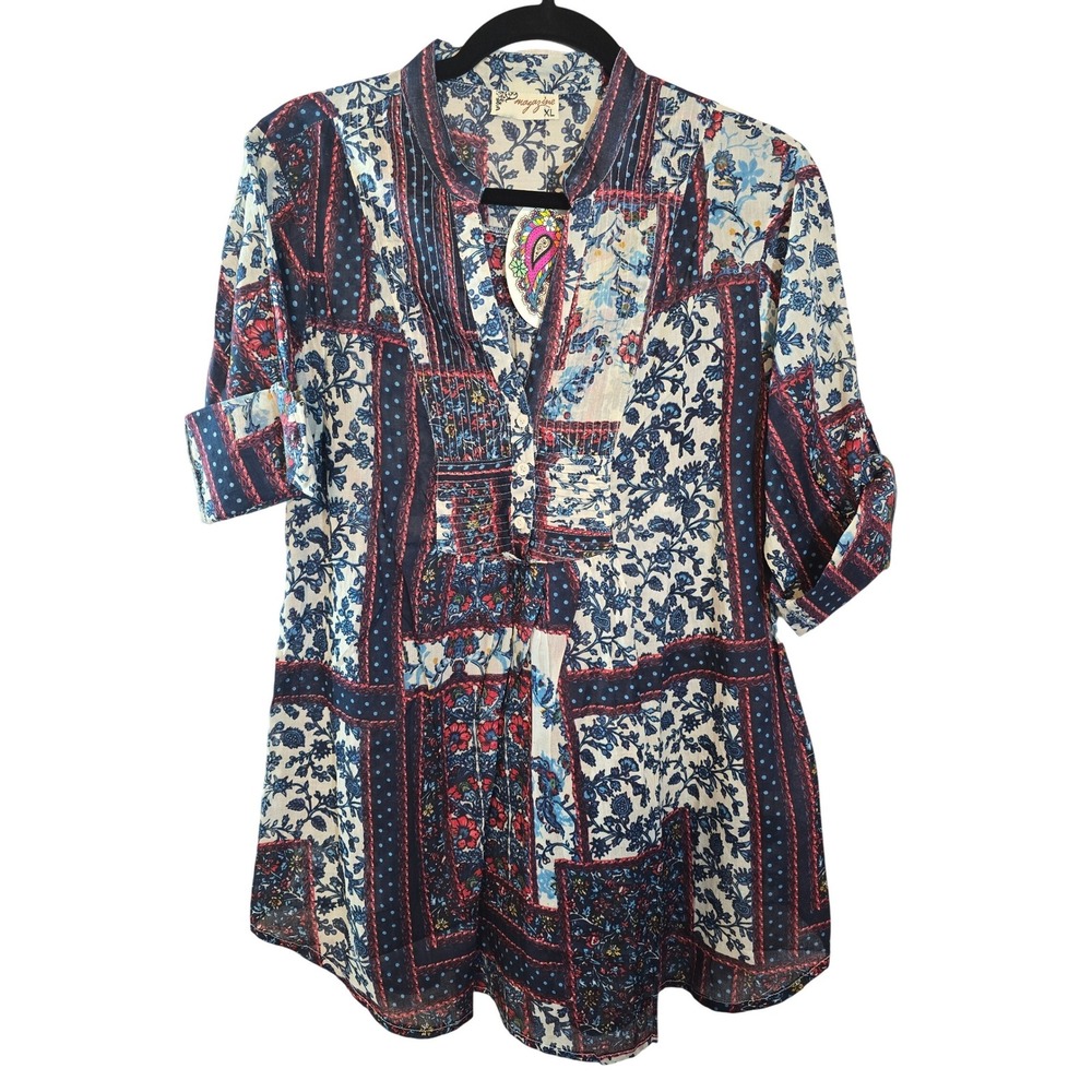 Magazine Patchwork print Boho Tunic Shirt‎ Size XL Roll Tab Sleeve New